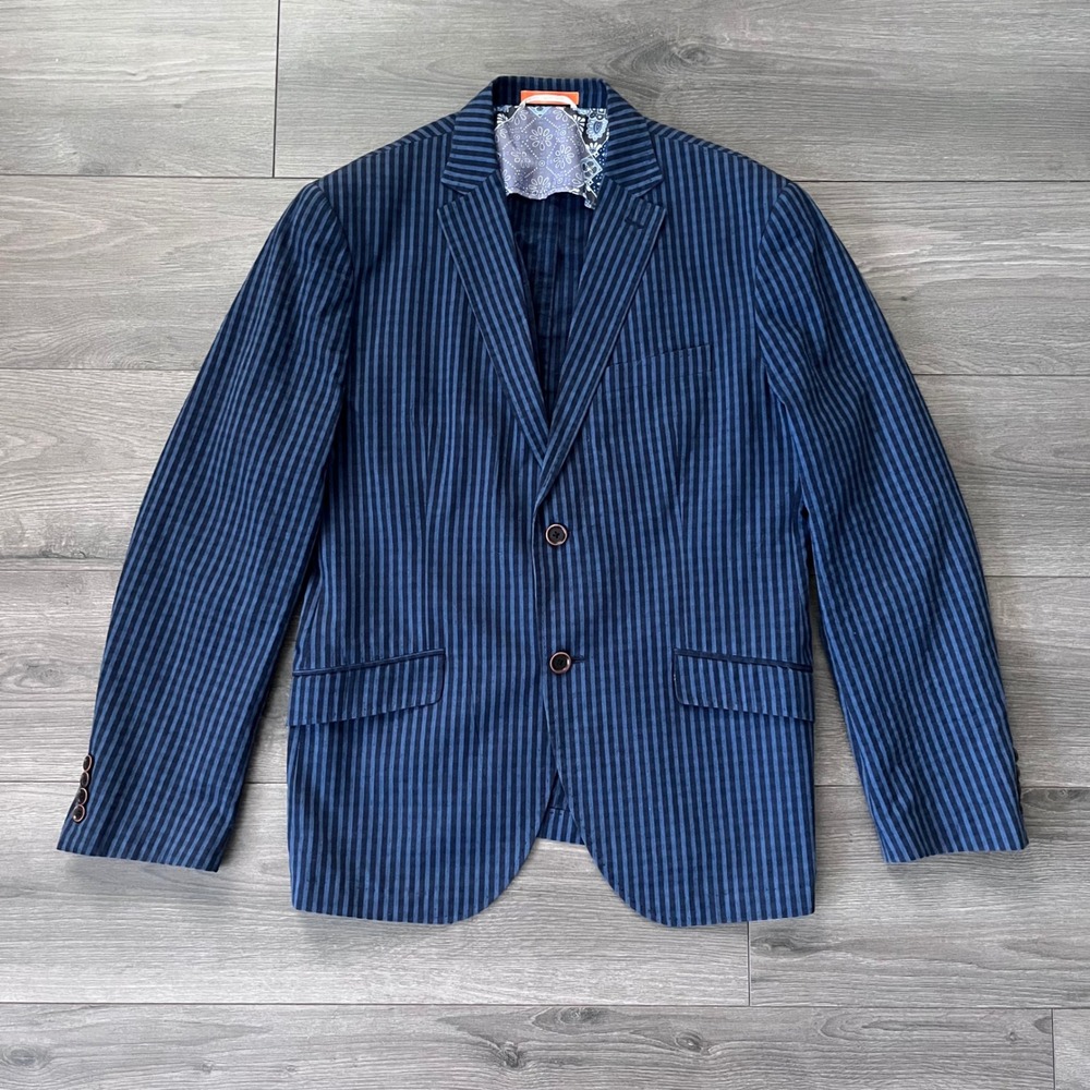 Tallia Orange Mens Navy Blue Striped Sport Coat Blazer Paisley Lining 42R